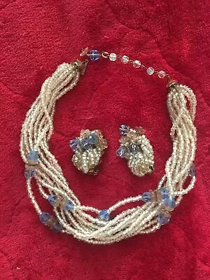 Vintage Miriam Haskell Unsigned Blue White Pink Bead Necklace/Earring Set 1930s  • $68