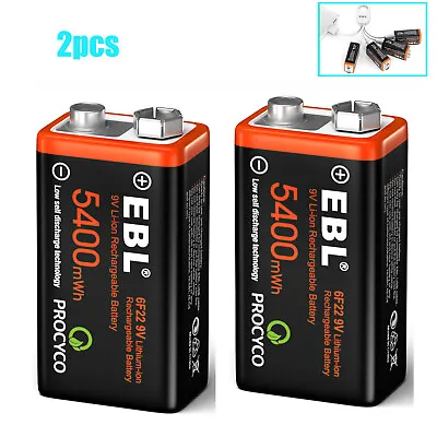 2pcs EBL USB Rechargeable 9V LI-ion Batteries 5400mWh 9 Volt Battery 6F22 • $8.50