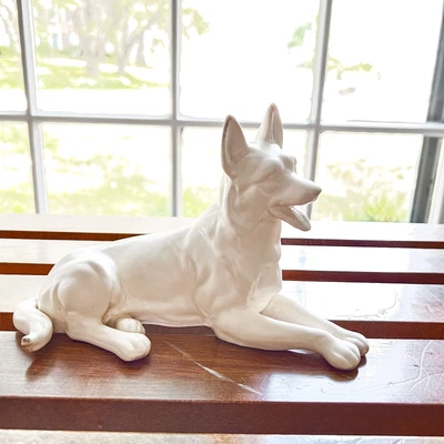 $21 • Buy Vintage White German Shepherd Dog Reclining Figurine - Ceramic - 8”