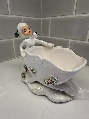 Vintage Lefton Pixie Elf Wheel Barrel Iridescent Luster Ceramic Japan • $35