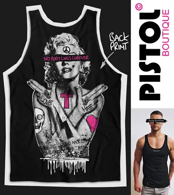 Pistol Boutique Men's Black TATTOOS MONROE FOREVER Back Print Vest Singlet Tank • £25.19