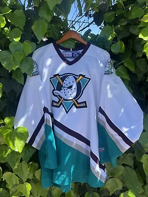 Original Vintage Anaheim Mighty Ducks White CCM Brand Hockey Jersey Size XL • $129.99