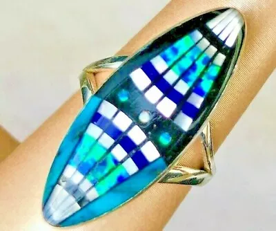 Blue Twinkling OPAL Elongated Faberge Easter Egg Ladies Ring 6.5 Sterling 925 N • $215.82