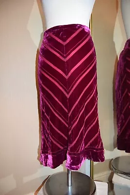 Whistles Devore Silk Velvet Skirt Chevron Raspberry Pencil Midi 10 Burnout Berry • £11.99