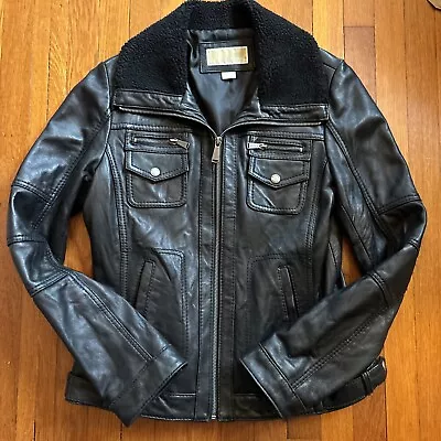 Michael Kors Women’s Black Genuine Leather Moto Jacket Faux Fur Trim MEDIUM • $49