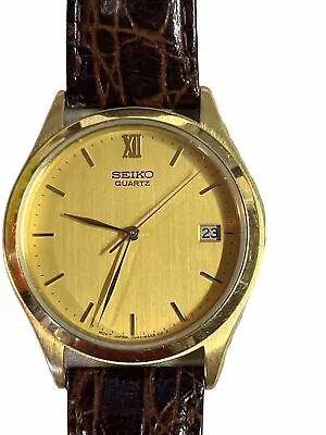 Seiko Watch Men Gold Tone Gold  Dial Daydate Round 7N42-8A10 New Battery • $25