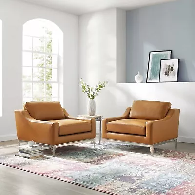 Modway Harness Stainless Steel Base Leather Armchair Set Of 2 In Tan • $1511.90