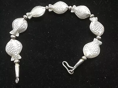 925 Sterling Silver - Vintage Fish Link Chain Bracelet With Fishhook Clasp • $29.99