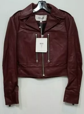 Diane Von Furstenberg Denzel Leather Moto Jacket  Oxblood  Sz 0 NWT • $842.60