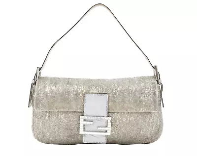 FENDI Vtg Baguette Silver Beaded Crystal Rhinestone Lizard Shoulder Bag Purse • $1250