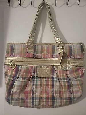 Coach Poppy Daisy Pink/Blue Green Madras Plaid Large Shoulder Tote Bag • $85