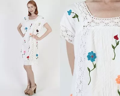 White Crochet Floral Embroidered Mexican Dress Pintuck Cotton Womens Fiesta M L • $99.75