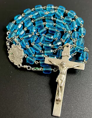 Vintage Catholic Aqua Blue Glass Barrel Bead  Rosary Silver Tone Crucifix • $17.99