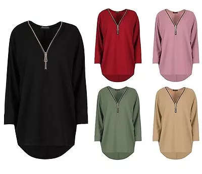 £12.99 • Buy Womens Zip Up Neck Oversized Baggy Batwing Long Dip Hem Ladies Top Plus Size