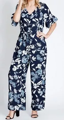 Table Eight Blue Floral Short Sleeve Vneck Jumpsuit Pant Suit Belt Pockets 18 • $69