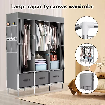Portable Fabric Canvas Wardrobe With Hanging Shelving Clothes Storage Cupboard • £27.99