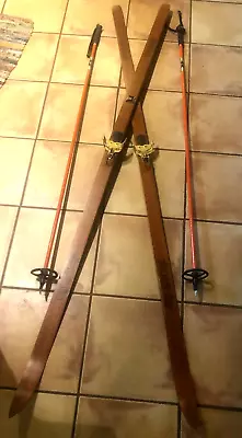 Vtg 80” Wood Cross Country XC Skis Troll 3-pin Bindings Norway Excel Poles • $79