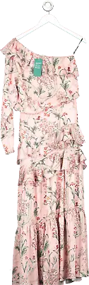 H&M X Johanna Ortiz Pink One Shoulder Floral Tiered Satin Maxi Dress UK 8 • £51.75