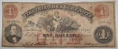 1862 $1 Virginia Treasury Note  Fine Plus Cond. W/Gutter Fold? • $35.50