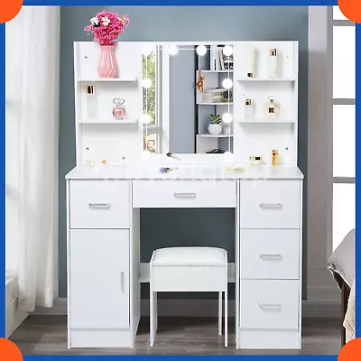 Large White Vanity Desk W/ 10 LED Lighted Mirror 6 Shelves With 5 Drawers Stool • $188.90