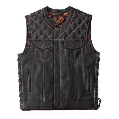 Premium Leather Motorcycle Custom Black Vest Orange Lining Bike Rider Waistcoat • $119.99