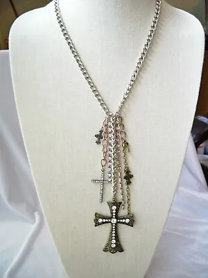 Vintage Crystal Rhinestone Multi Maltese Crosses Dangle Charm Pendant Necklace • $14.85