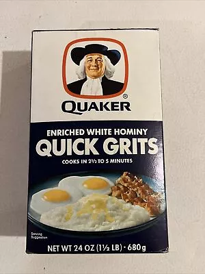 Vintage 1980’s Quaker NOS Full White Hominy Quick Grits Sealed Unopened 1 Lb Box • £48.25