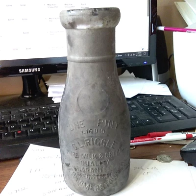 $71 • Buy Antique Vintage Bowling Pin Shaped Riggle Pint Milk Bottle Newcomerstown Ohio
