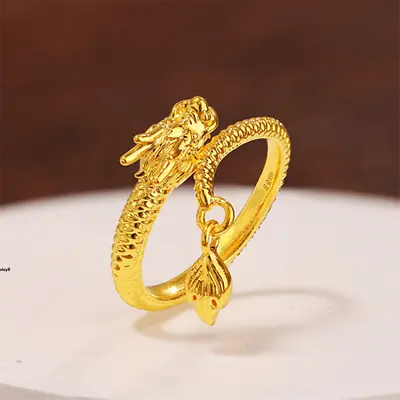 Pure 999 24K Yellow Gold Ring Men Women 3D Lucky Dragon Ring Us Size:4-7 • $155.99