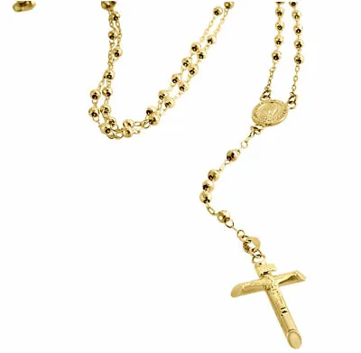 $475 • Buy 10K Yellow Gold Virgin Mary 3mm Diamond Cut Bead Crucifix Rosary Necklace 30.5 