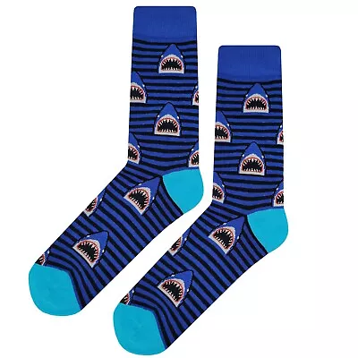 NWT Stripe Shark Dress Socks Novelty Men 8-12 Blue Crazy Fun Sockfly • $8.99