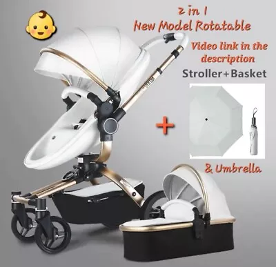 2 In 1 Baby Pram + Umbrella 3 Piece Leather PU Waterproof White Stroller&Basket • $990