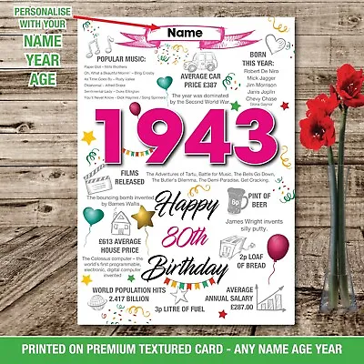 £14.95 • Buy 80th 1943 Birthday Poster Present Gift Personalised Uk Facts News Nan Her Mum