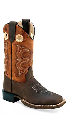 Old West Children Unisex Square Toe Dk Brown/Burnt Mustard Leather Cowboy Boots • $33.99