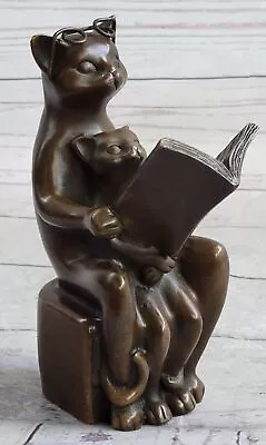 Bronze Cat Garden Sculpture Reading Book With Glasses Decor Art Deco Deal Gift • $129.50
