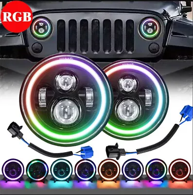 Pair RGB 7 Inch Halo LED Headlights DRL Lights Combo For Jeep Wrangler JK TJ LJ • $44.49