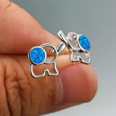 Fashion Silver Charm Blue Round Simulated Opal Cute Hollow Elephant Small Stud E • $0.04