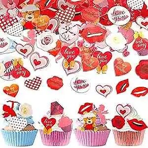 300 Pieces Valentines Day Cake Topper Decorations Wafer Cupcake Topper Red  • $16.82