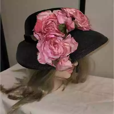 Vtg 40s 50s Lg Dk Blue Straw Hat Huge Pink Roses Crimped Platter Bonnet 20.5 In. • $79