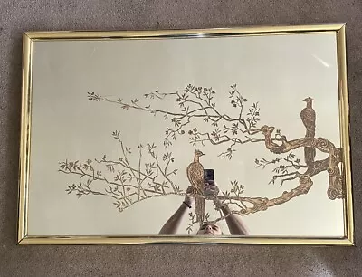 Vintage Oriental Asian Hollywood Regency Wall Mirror Etched Gold Birds 35 X 23” • $888.88