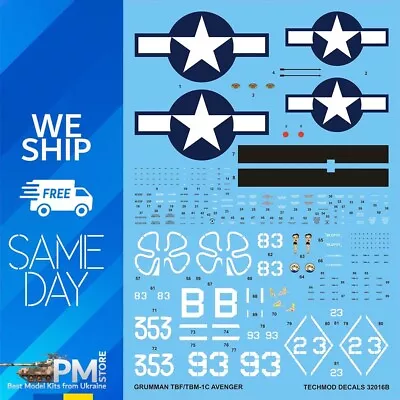 Techmod 32016 1/32 Grumman TBM-1C Avenger 1944-1945 USAF Aircraft Wet Decal WWII • $26.96