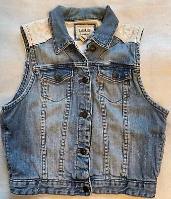 I Love H81 Women's M Blue Denim Button Front Vest With Cream Lace Inserts • $7.50