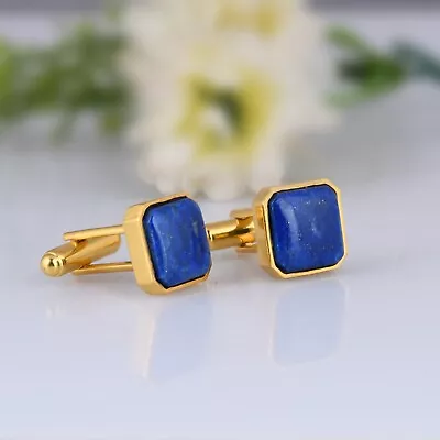 New Fashion Men's Cufflinks Gold Plated With Square Shape Lapis Lazuli For Gift • $32.05