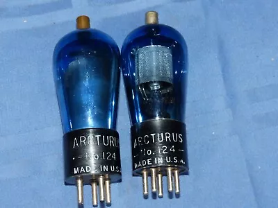 2 ARCTURUS BLUE 124 GLOBE RADIO VACUUM TUBES - ENGRAVED BASES Hanging Filaments • $79