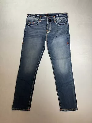 True Religion Rocco Jeans 36 Mens Blue Orange Pockets Relaxed Stretched Skinny • $35