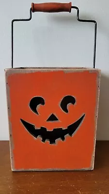 Vintage Wooden Jack O Lantern Pumpkin Square Bucket W/handle Halloween  • $39.99