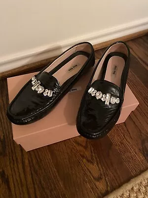 Lightly Used Black Patent Leather Miu Miu Loafers W/ Crystal Embellishment (41)  • $130