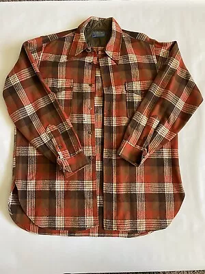 Vintage Pendleton Flannel Board Shirt Fitted Mens Large 17 Orange Wool See Pics • $34.99