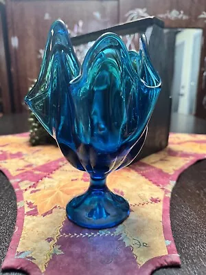 Vintage Viking Epic Line Bluenique Swung Glass Handkerchief Vase 1960’s • $42.99