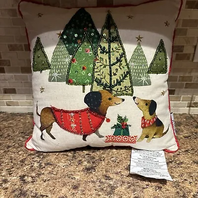 City Chic DACHSHUNDS AND TREES BEADED Christmas Pillow 12X12 • $15